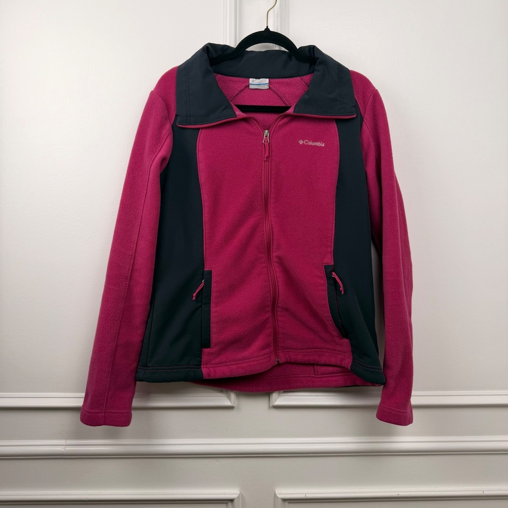 Columbia Womens Full Zip Fleece Jacket Berry Pink Gray XL Mock‎ Neck Hiking Coat
